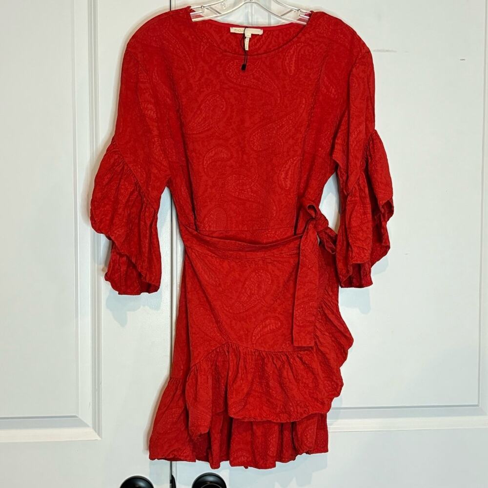 Maje Rahima Red Paisley Jacquard Ruffle Sleeve Wrap Mini Dress 1 Small